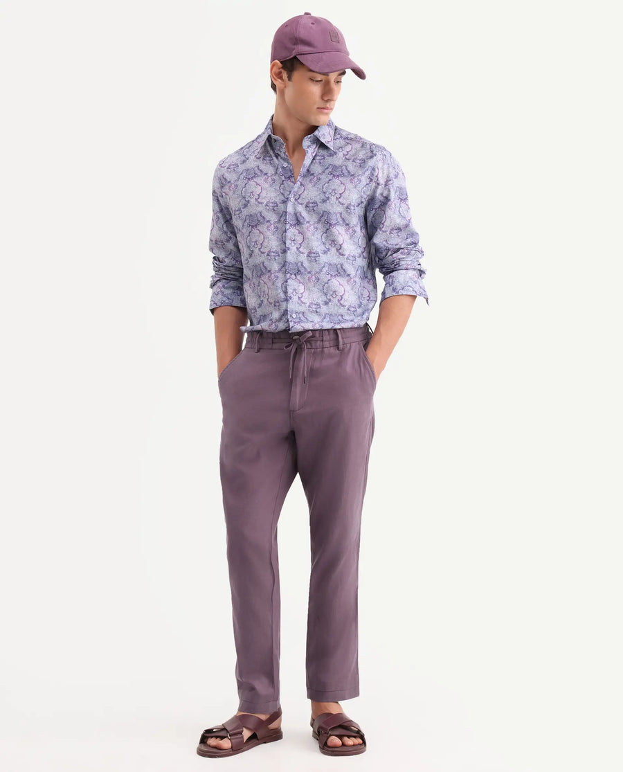 Rare Rabbit Men's Linol-T Purple Linen Blend Fabric Regular Fit Drawstring Plain Trouser