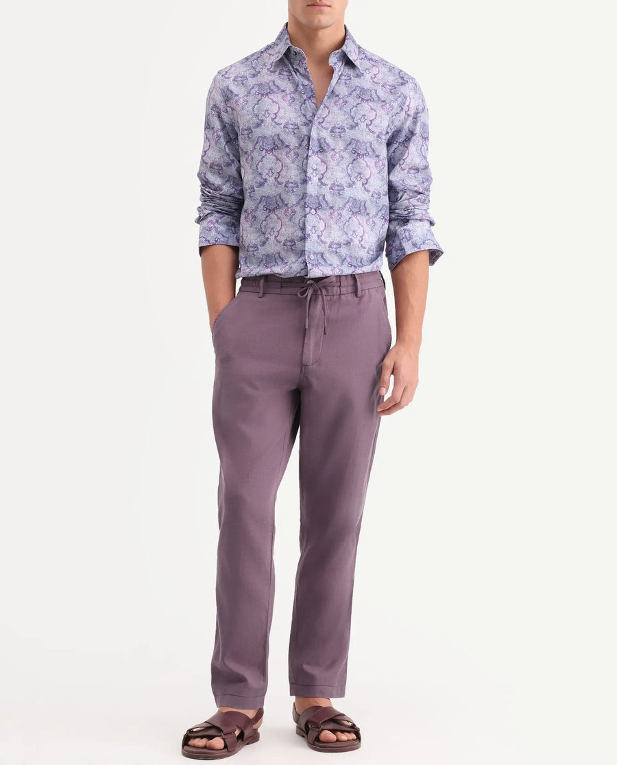 Rare Rabbit Men's Linol-T Purple Linen Blend Fabric Regular Fit Drawstring Plain Trouser
