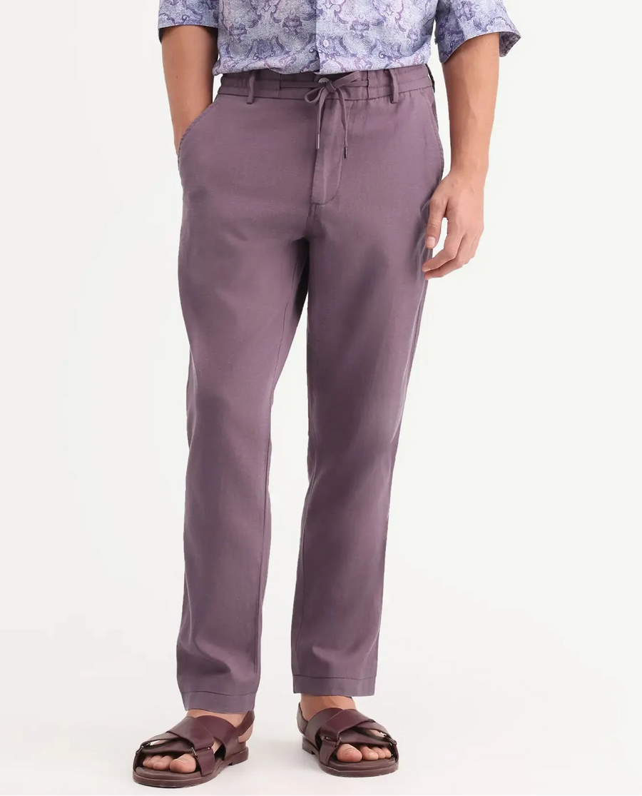 Rare Rabbit Men's Linol-T Purple Linen Blend Fabric Regular Fit Drawstring Plain Trouser