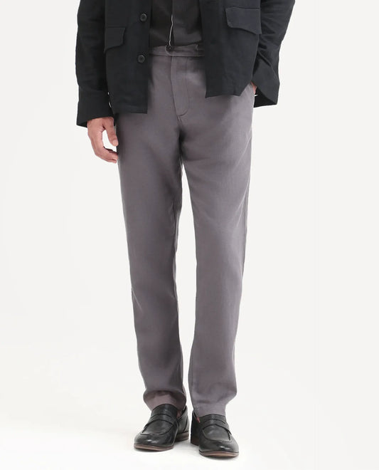 Rare Rabbit Men's Linol-T Grey Linen Blend Fabric Regular Fit Drawstring Plain Trouser