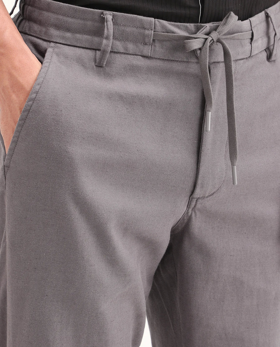 Rare Rabbit Men's Linol-T Grey Linen Blend Fabric Regular Fit Drawstring Plain Trouser
