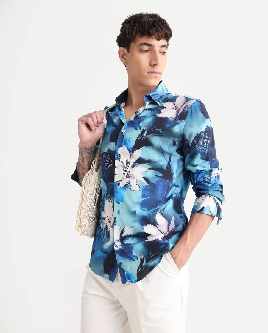 Rare Rabbit Men's Crin Blue Viscose Floral Print Regular Fit Full Sleeve Collared Shirt