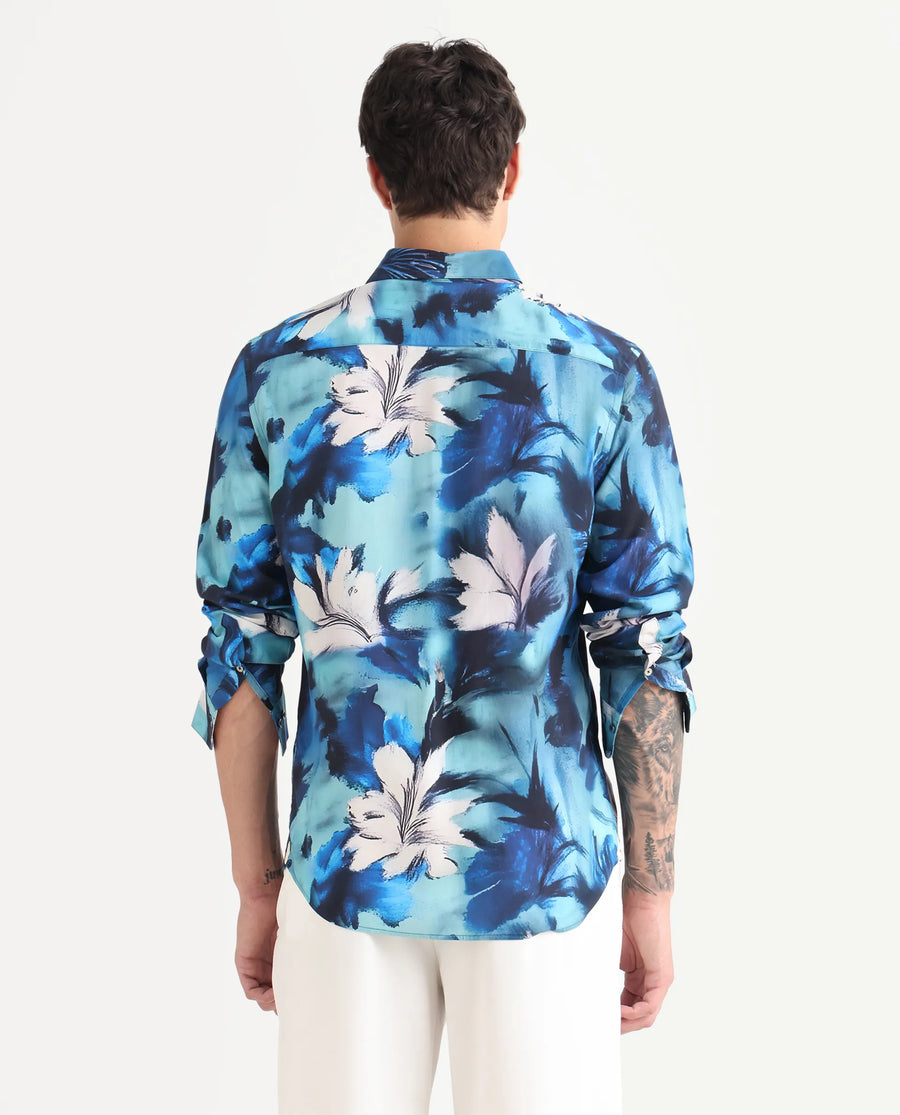 Rare Rabbit Men's Crin Blue Viscose Floral Print Regular Fit Full Sleeve Collared Shirt