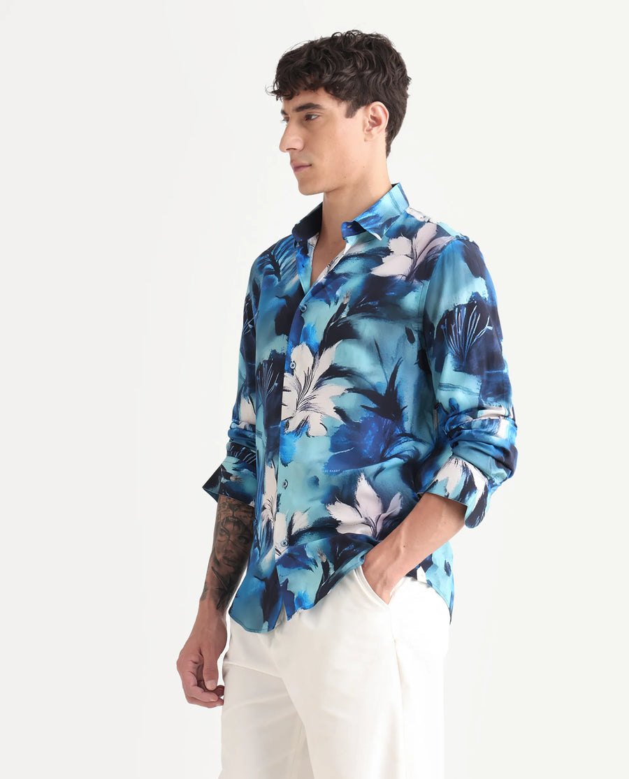 Rare Rabbit Men's Crin Blue Viscose Floral Print Regular Fit Full Sleeve Collared Shirt
