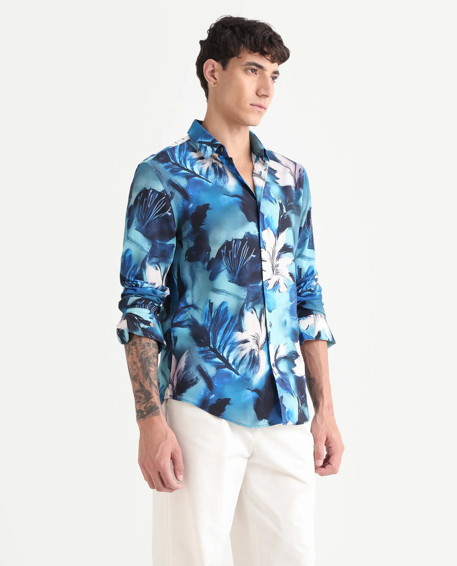 Rare Rabbit Men's Crin Blue Viscose Floral Print Regular Fit Full Sleeve Collared Shirt