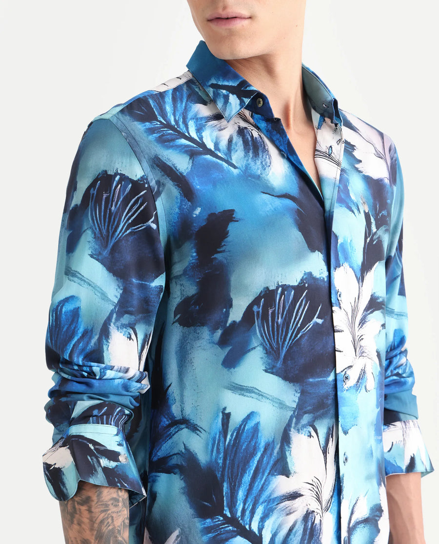 Rare Rabbit Men's Crin Blue Viscose Floral Print Regular Fit Full Sleeve Collared Shirt