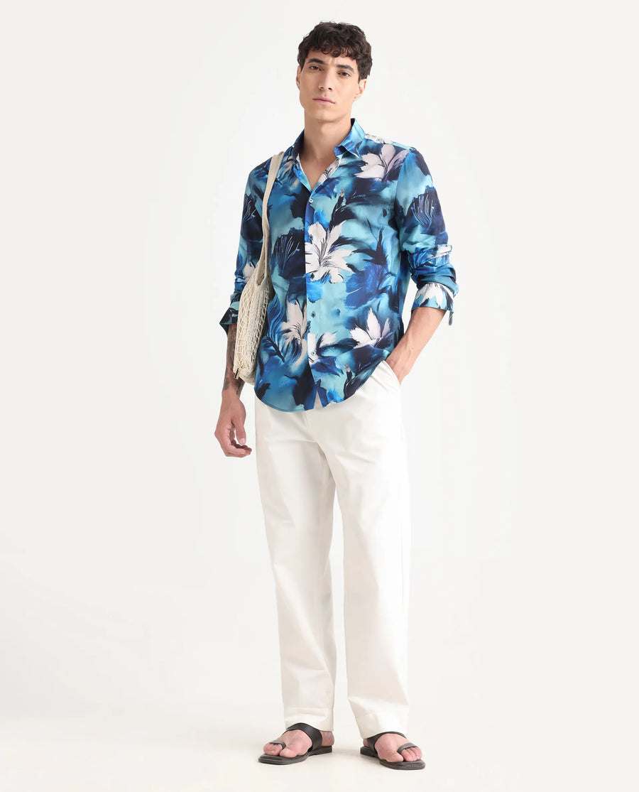 Rare Rabbit Men's Crin Blue Viscose Floral Print Regular Fit Full Sleeve Collared Shirt