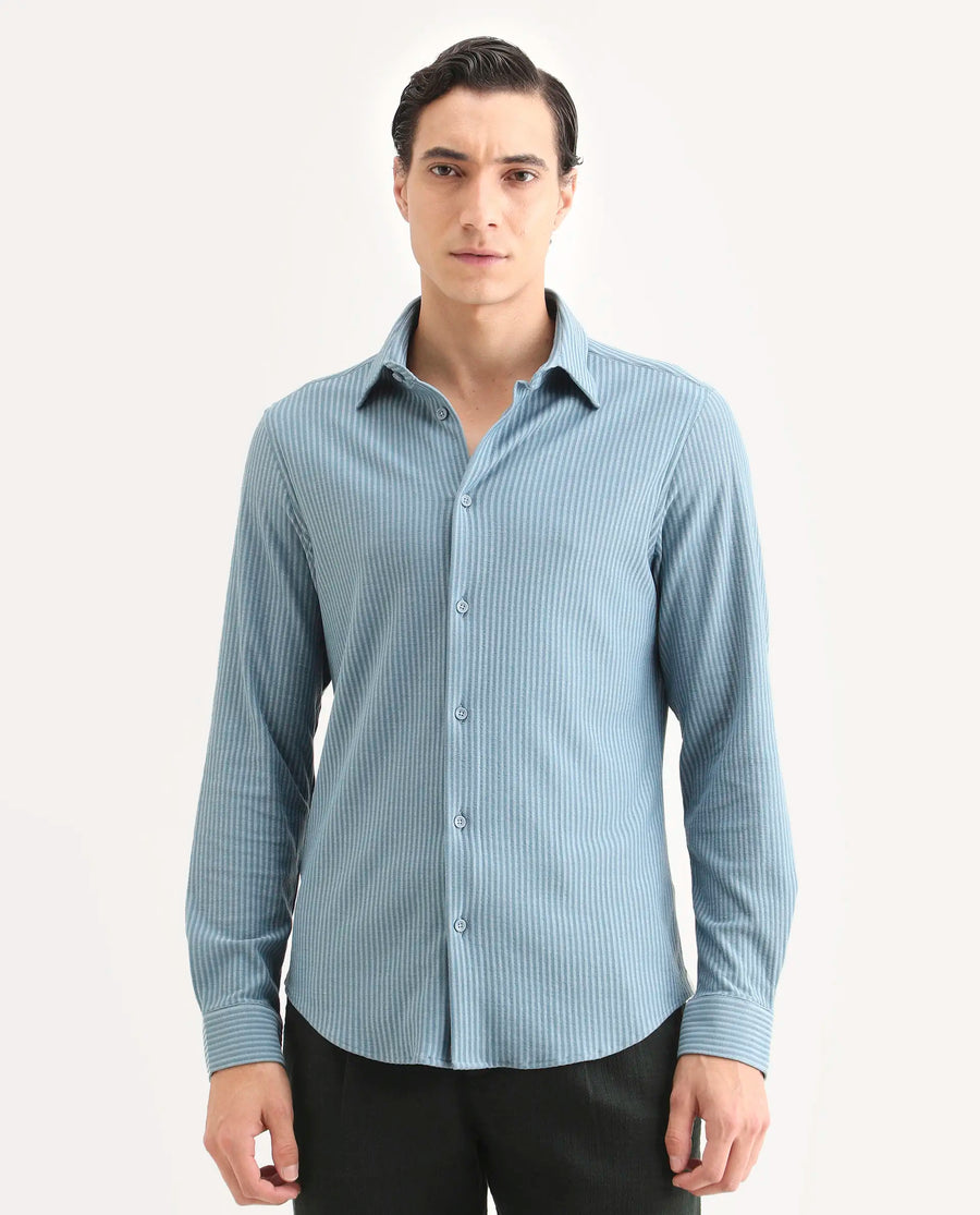 Rare Rabbit Men's Garo Blue Cotton Fabric Full Sleeve Spread Collar Regular Fit Striped Shirt