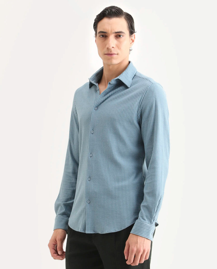 Rare Rabbit Men's Garo Blue Cotton Fabric Full Sleeve Spread Collar Regular Fit Striped Shirt