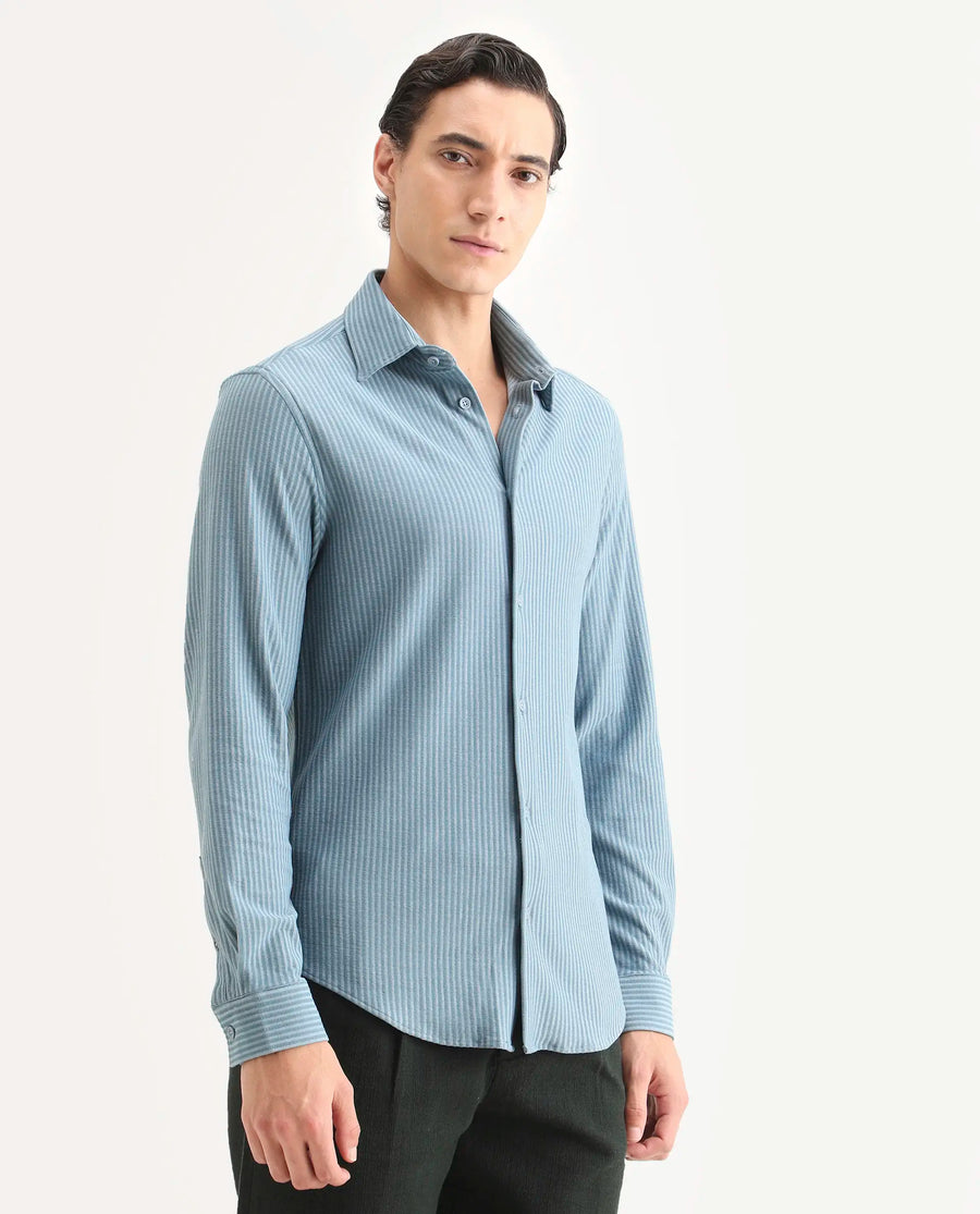 Rare Rabbit Men's Garo Blue Cotton Fabric Full Sleeve Spread Collar Regular Fit Striped Shirt