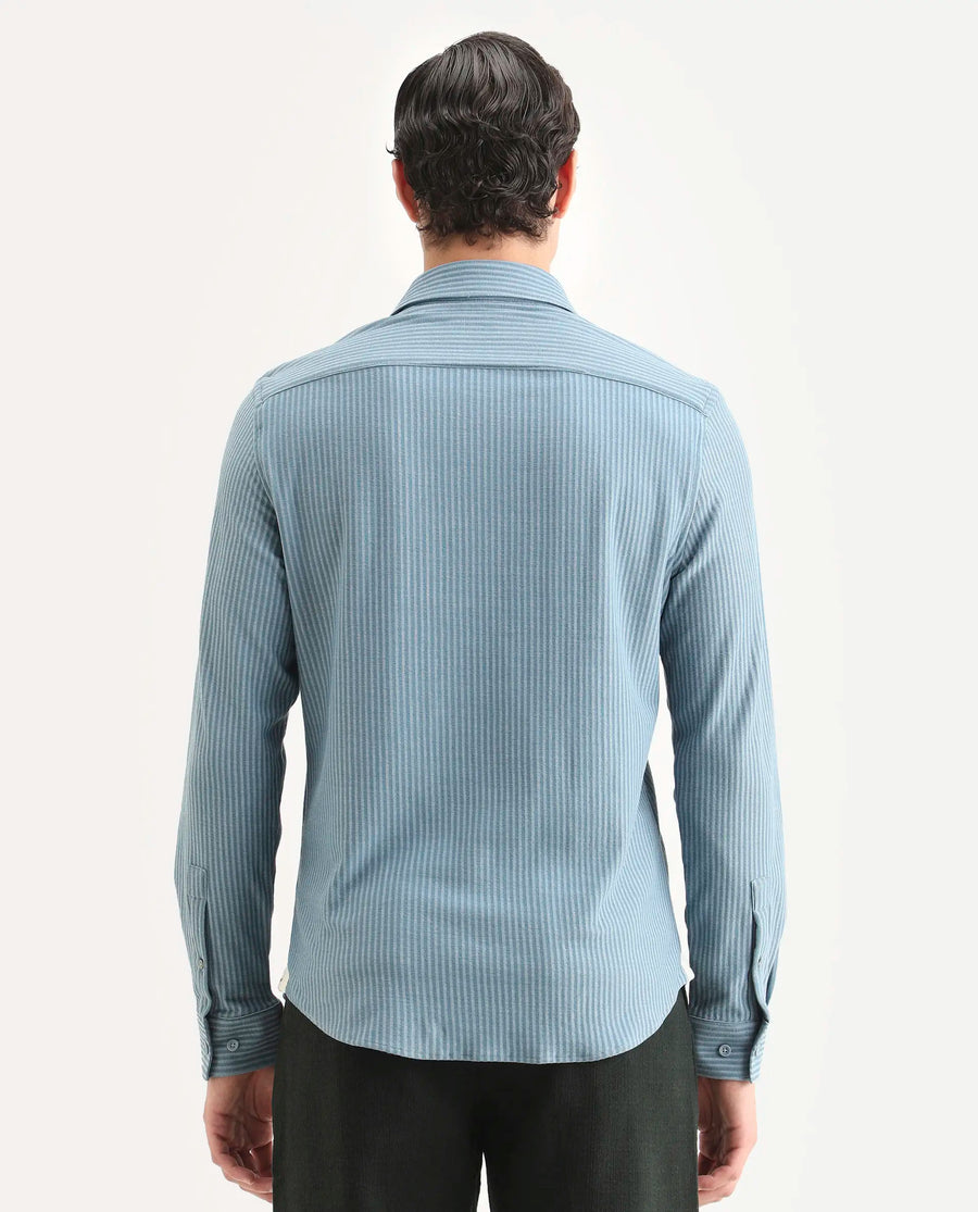 Rare Rabbit Men's Garo Blue Cotton Fabric Full Sleeve Spread Collar Regular Fit Striped Shirt
