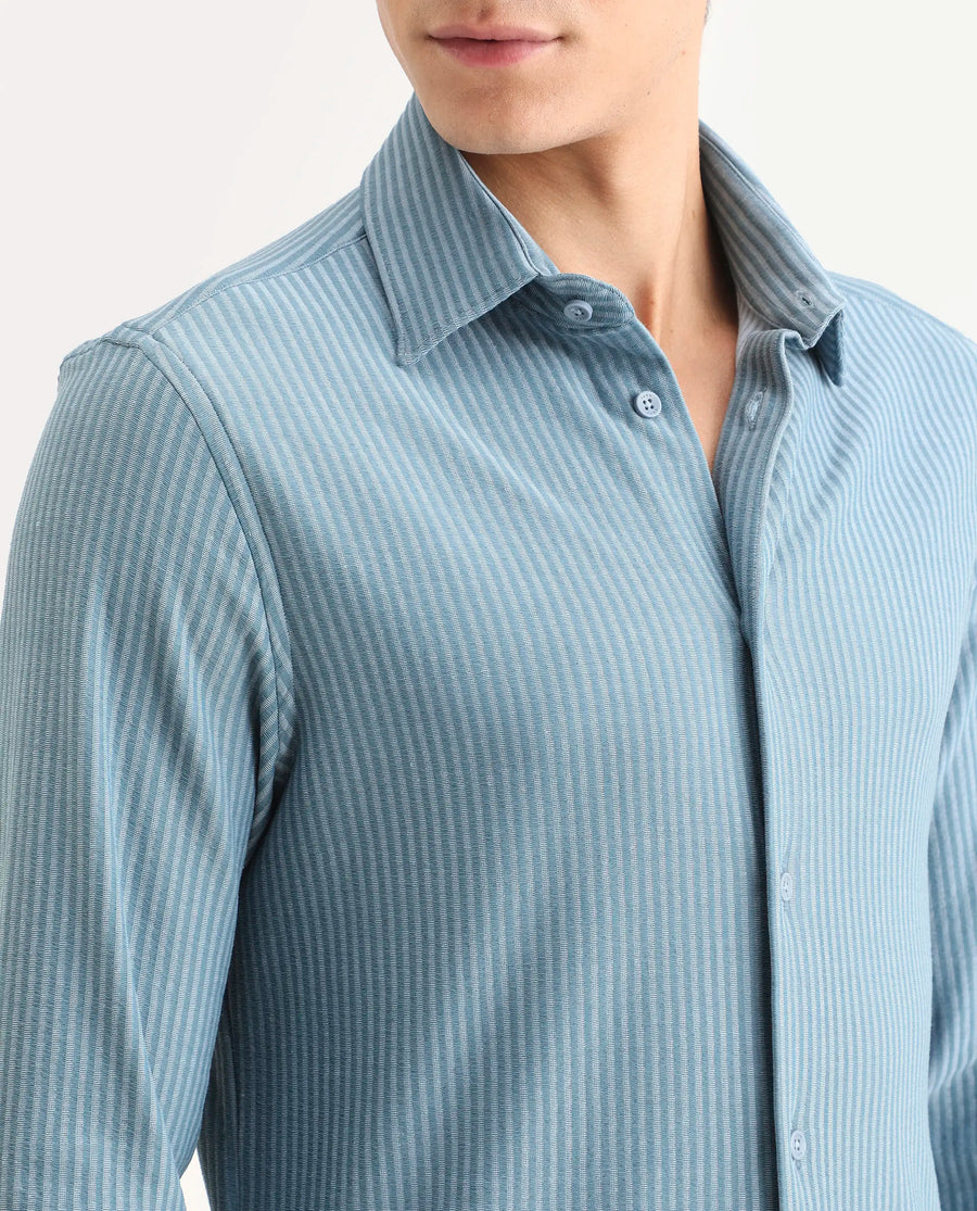 Rare Rabbit Men's Garo Blue Cotton Fabric Full Sleeve Spread Collar Regular Fit Striped Shirt