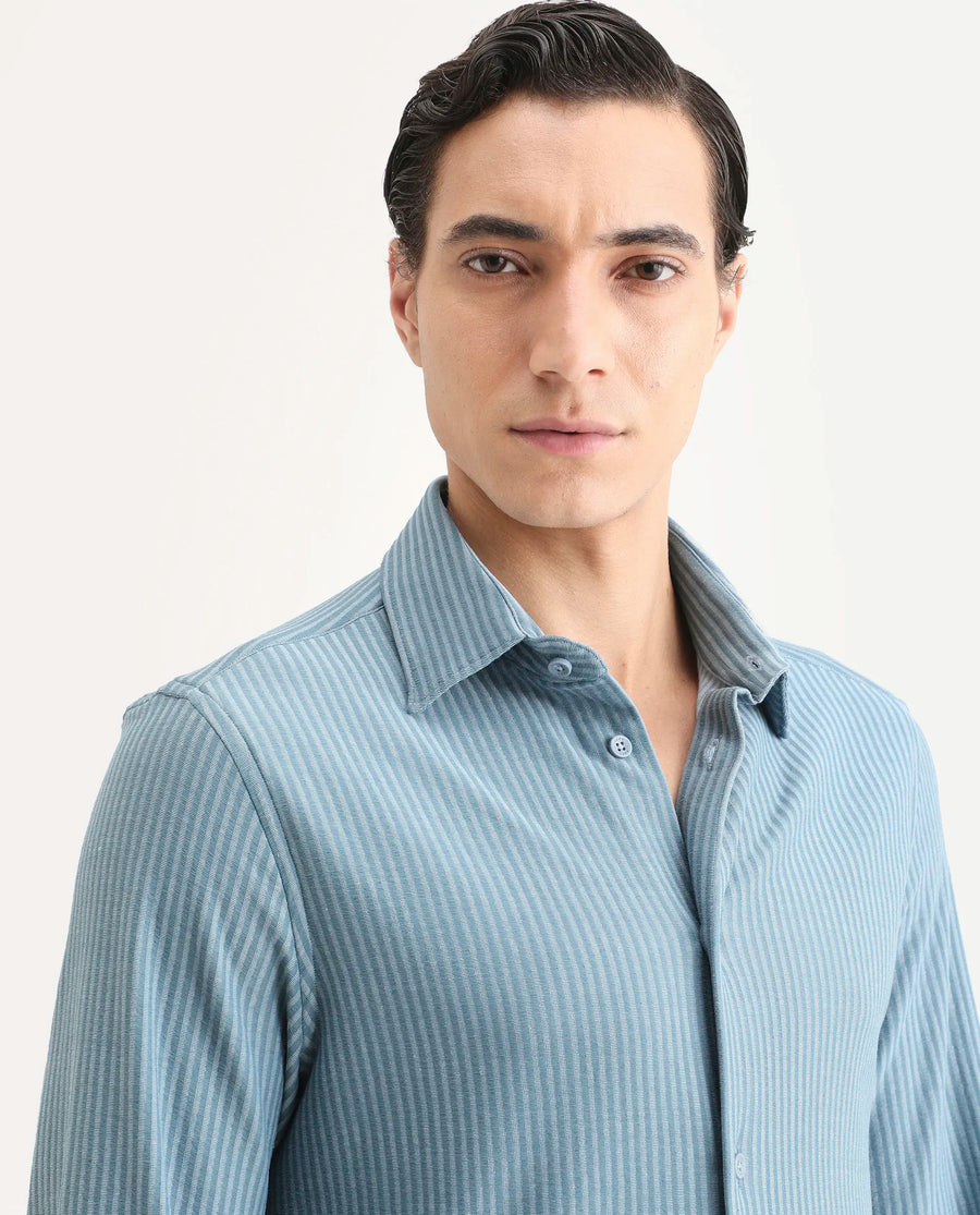 Rare Rabbit Men's Garo Blue Cotton Fabric Full Sleeve Spread Collar Regular Fit Striped Shirt