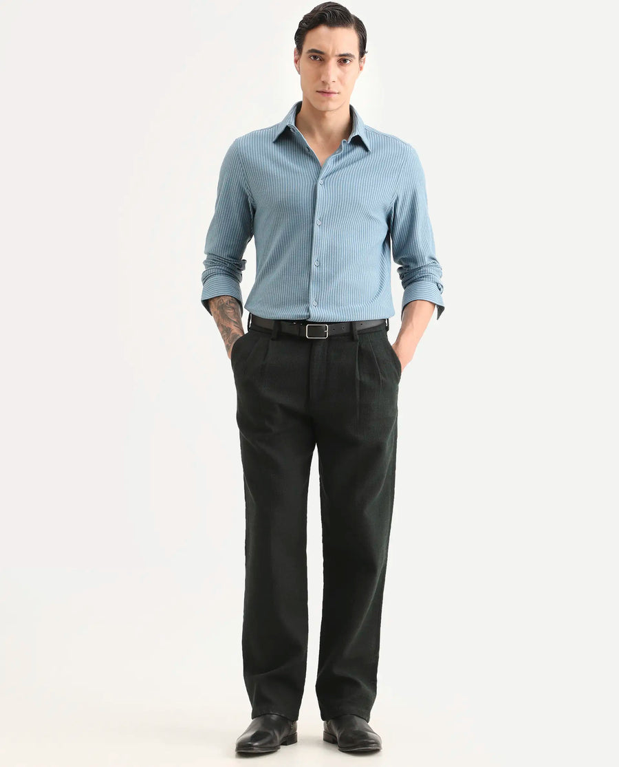 Rare Rabbit Men's Garo Blue Cotton Fabric Full Sleeve Spread Collar Regular Fit Striped Shirt