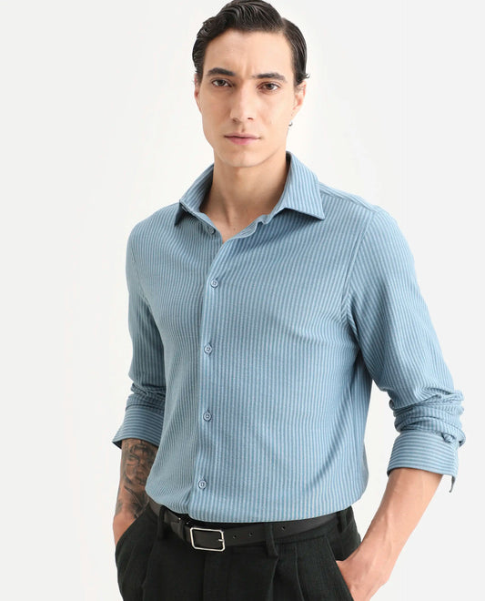 Rare Rabbit Men's Garo Blue Cotton Fabric Full Sleeve Spread Collar Regular Fit Striped Shirt