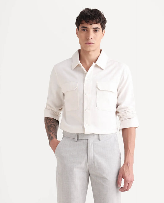 Rare Rabbit Men's Jlo-S Beige Polyester Fabric Full Sleeve Collared Neck Striped Shirt