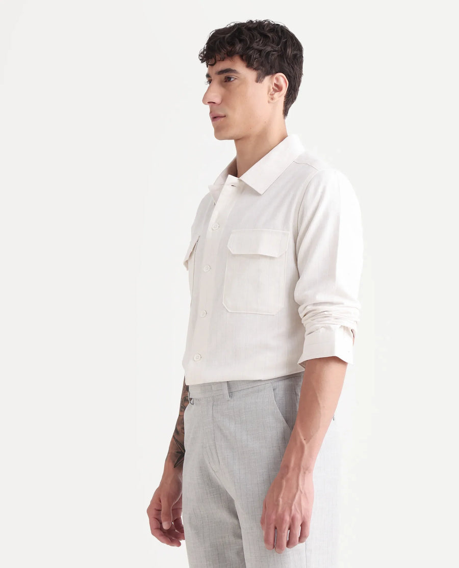 Rare Rabbit Men's Jlo-S Beige Polyester Fabric Full Sleeve Collared Neck Striped Shirt