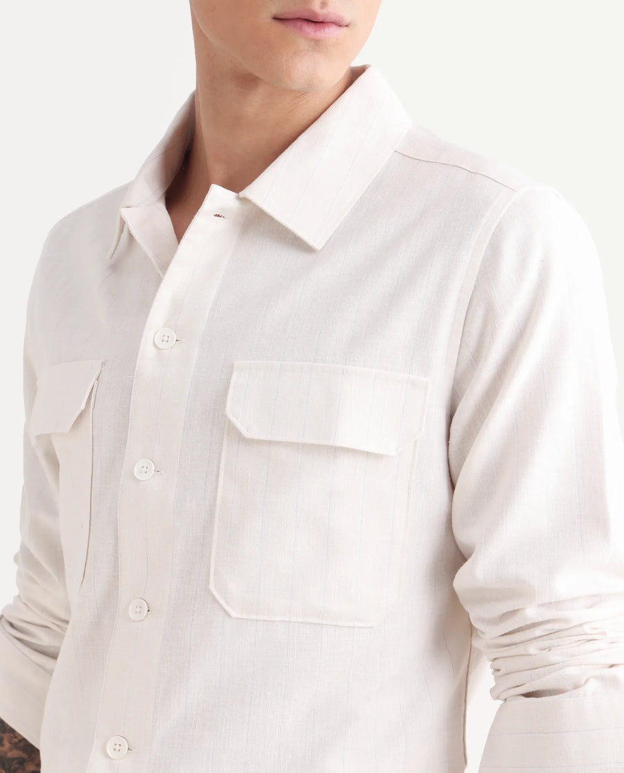 Rare Rabbit Men's Jlo-S Beige Polyester Fabric Full Sleeve Collared Neck Striped Shirt
