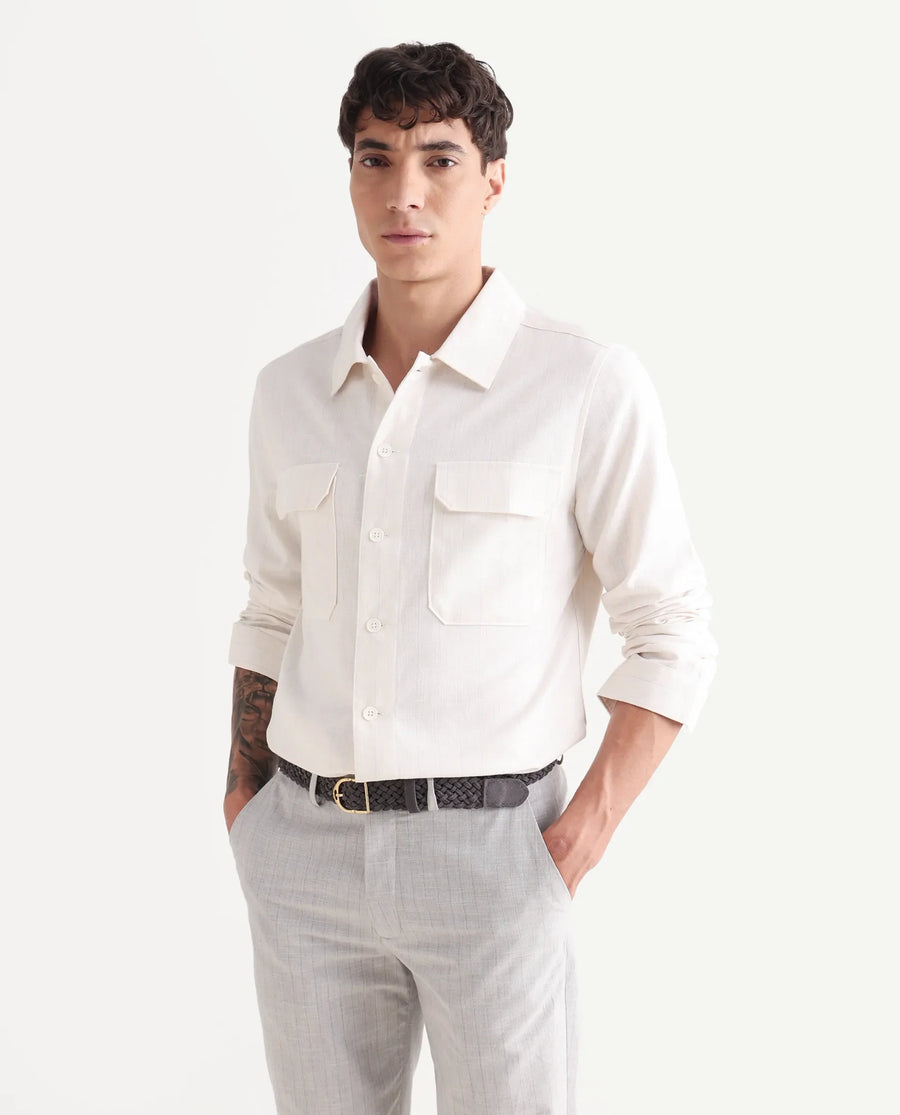 Rare Rabbit Men's Jlo-S Beige Polyester Fabric Full Sleeve Collared Neck Striped Shirt