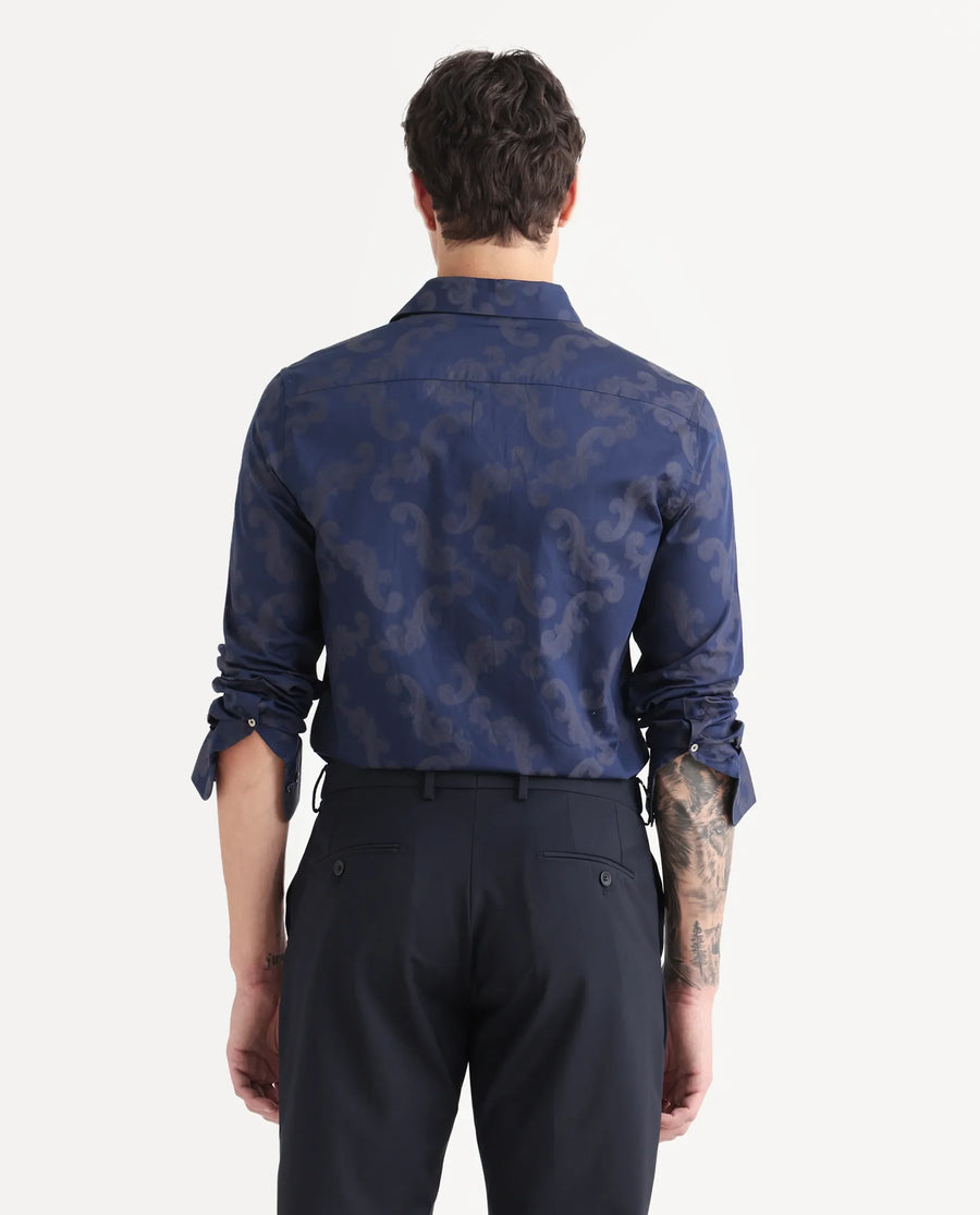 Rare Rabbit Men's Funo Blue Cotton Jacquard Regular Fit Full Sleeve Collared Shirt
