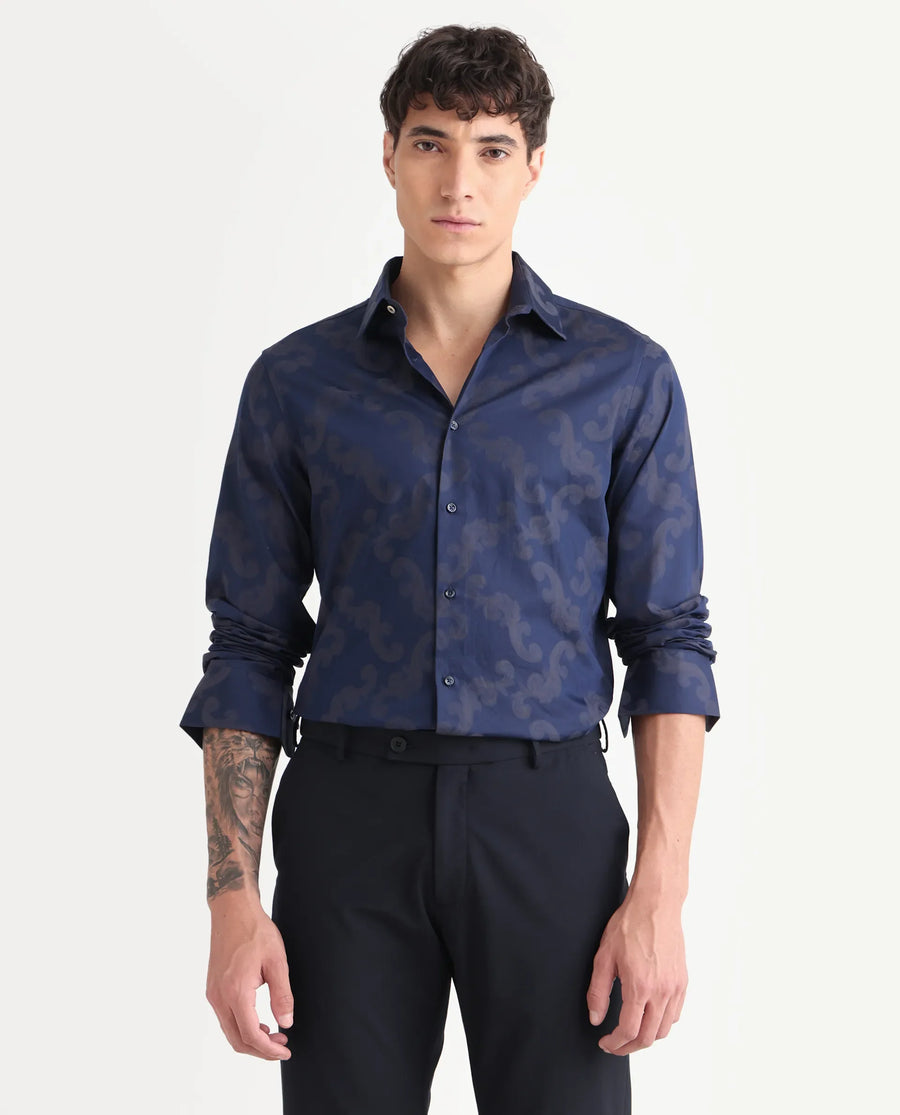 Rare Rabbit Men's Funo Blue Cotton Jacquard Regular Fit Full Sleeve Collared Shirt