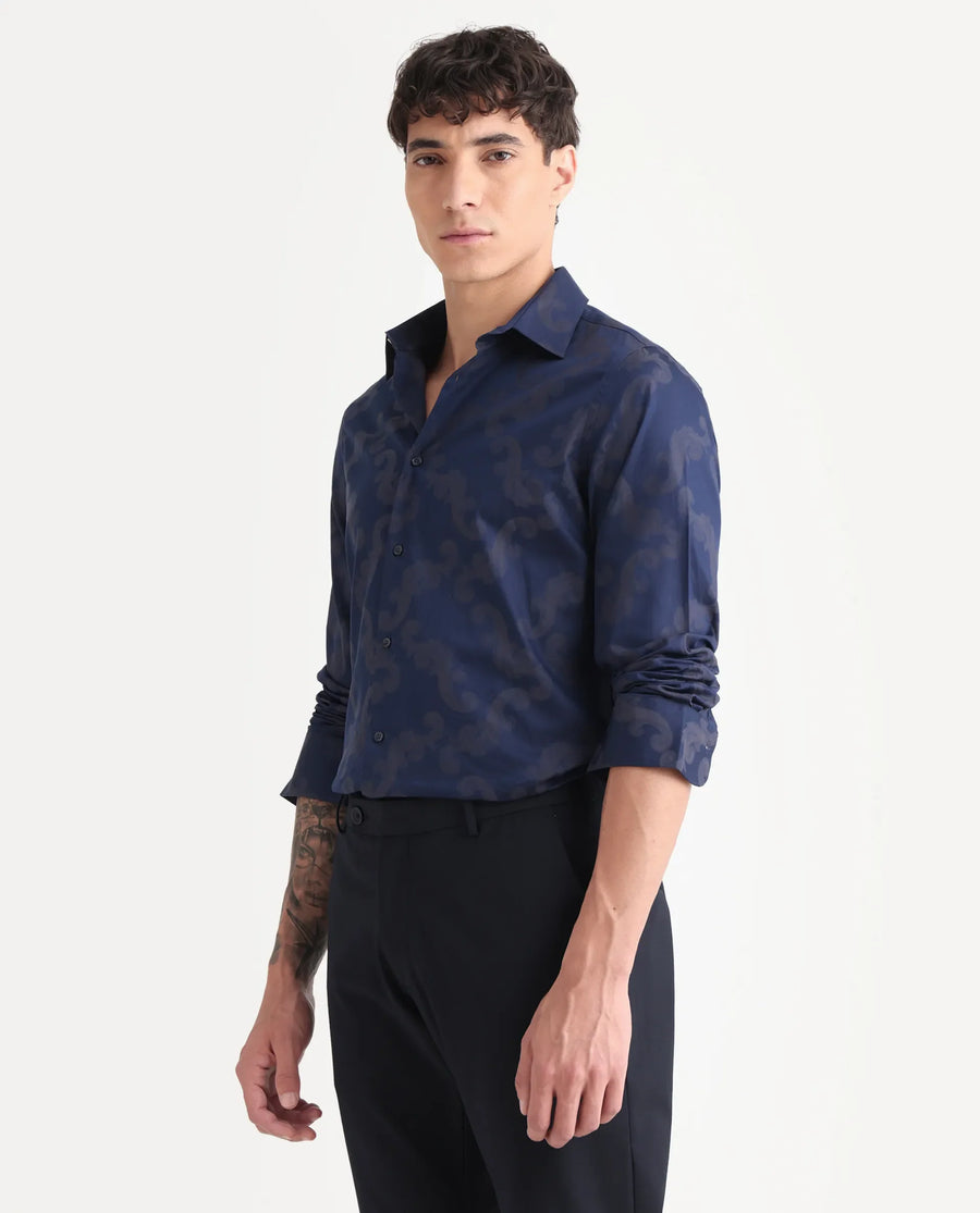 Rare Rabbit Men's Funo Blue Cotton Jacquard Regular Fit Full Sleeve Collared Shirt