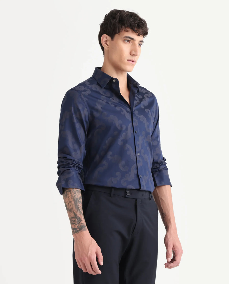 Rare Rabbit Men's Funo Blue Cotton Jacquard Regular Fit Full Sleeve Collared Shirt