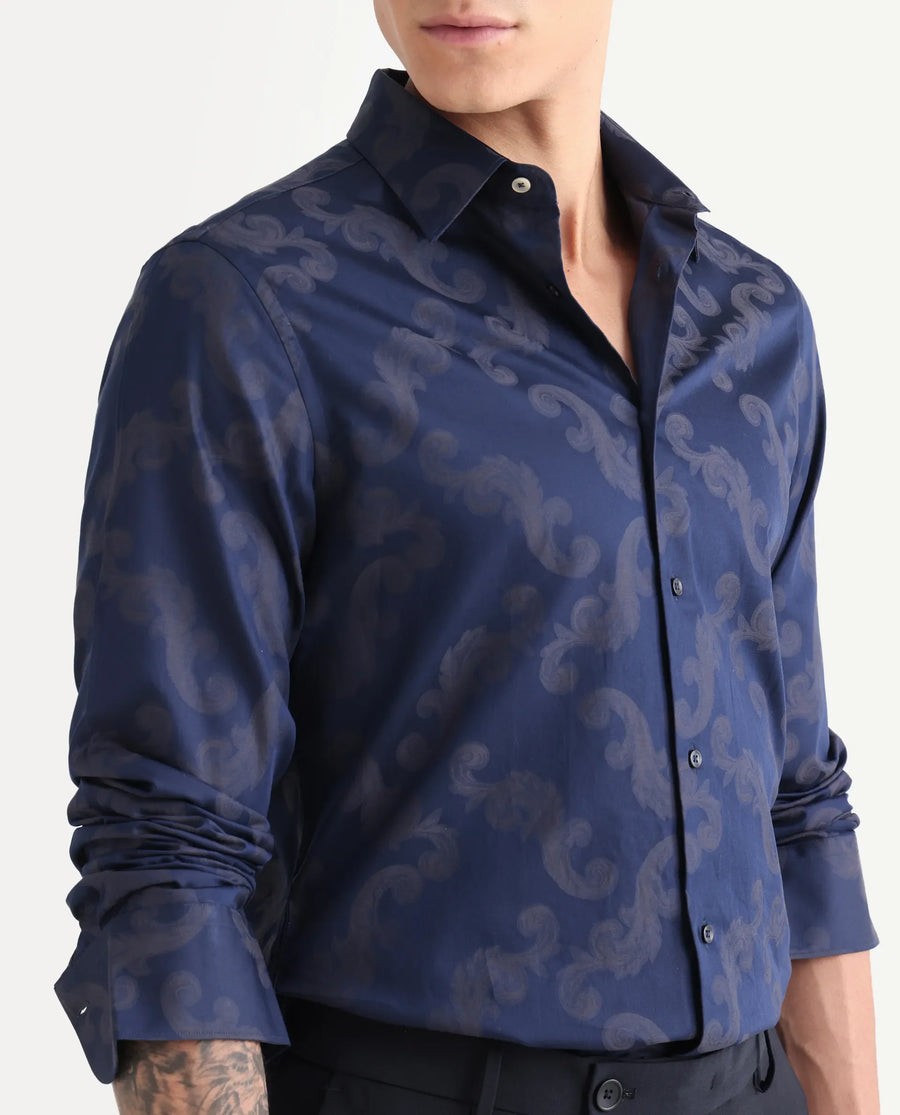 Rare Rabbit Men's Funo Blue Cotton Jacquard Regular Fit Full Sleeve Collared Shirt