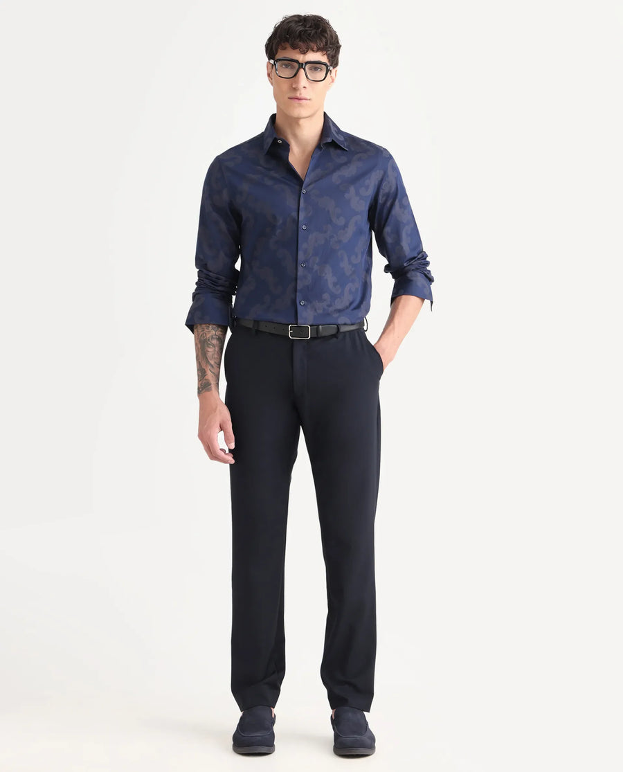 Rare Rabbit Men's Funo Blue Cotton Jacquard Regular Fit Full Sleeve Collared Shirt