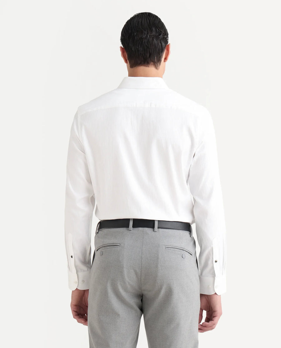 Rare Rabbit Men's Novo-25 White Cotton Striped Print Regular Fit Full Sleeve Collared Shirt