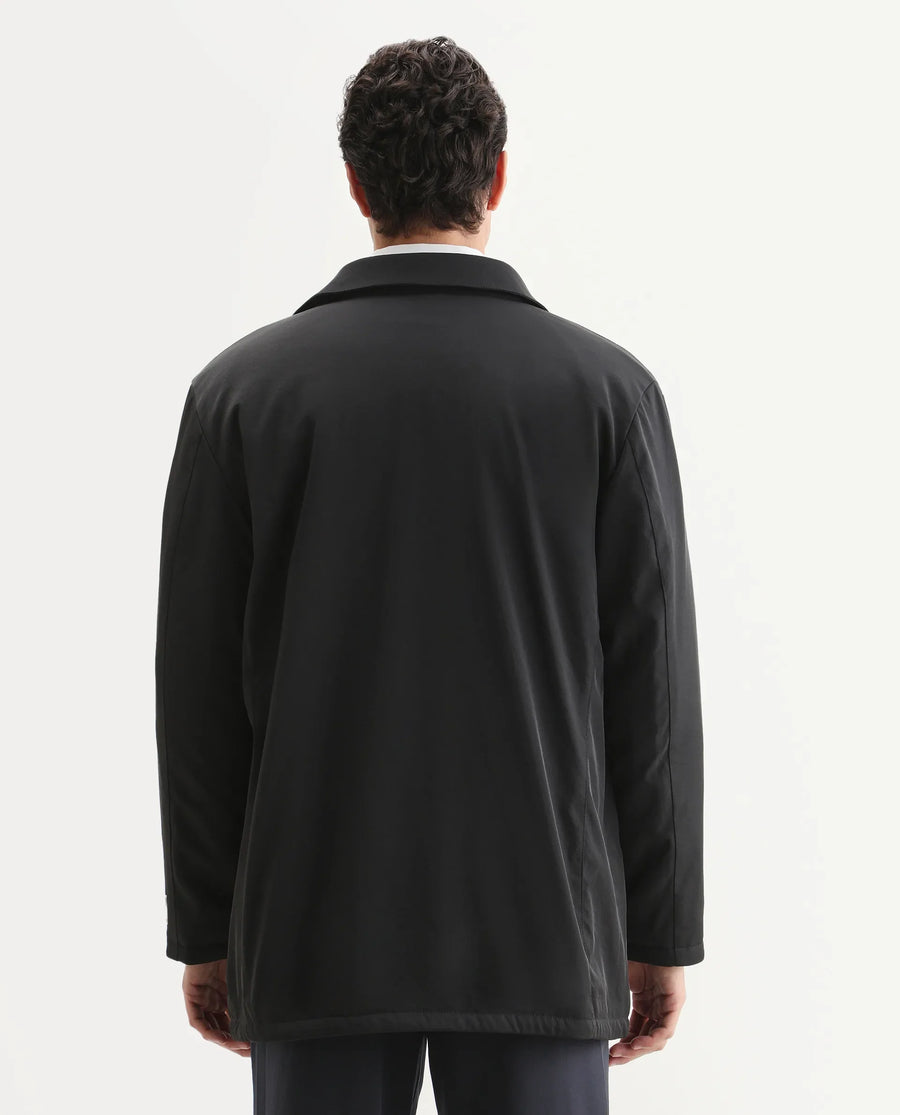 Rare Rabbit Men's Liem Black Nylon Blend Fabric Collared Neck Regular Fit Plain Coat