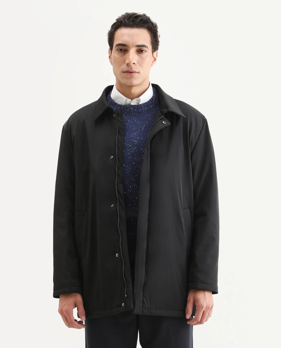 Rare Rabbit Men's Liem Black Nylon Blend Fabric Collared Neck Regular Fit Plain Coat