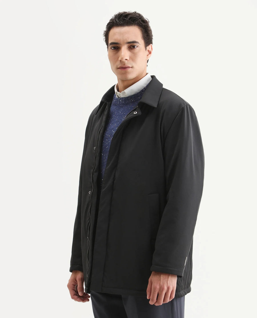 Rare Rabbit Men's Liem Black Nylon Blend Fabric Collared Neck Regular Fit Plain Coat