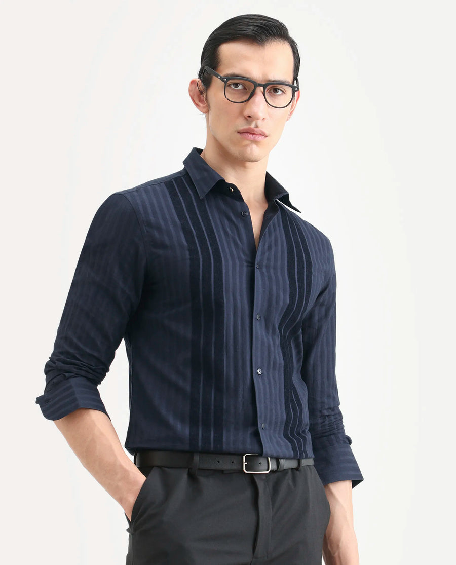 Rare Rabbit Men's Marlo-25 Navy Cotton Striped Print Regular Fit Full Sleeve Collared Shirt