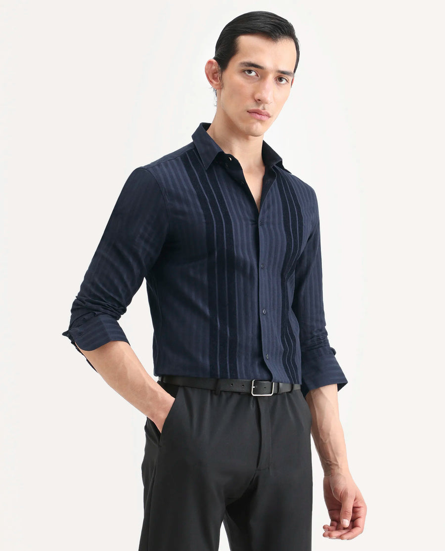 Rare Rabbit Men's Marlo-25 Navy Cotton Striped Print Regular Fit Full Sleeve Collared Shirt