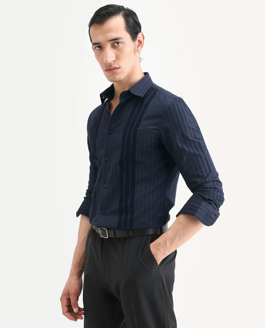 Rare Rabbit Men's Marlo-25 Navy Cotton Striped Print Regular Fit Full Sleeve Collared Shirt