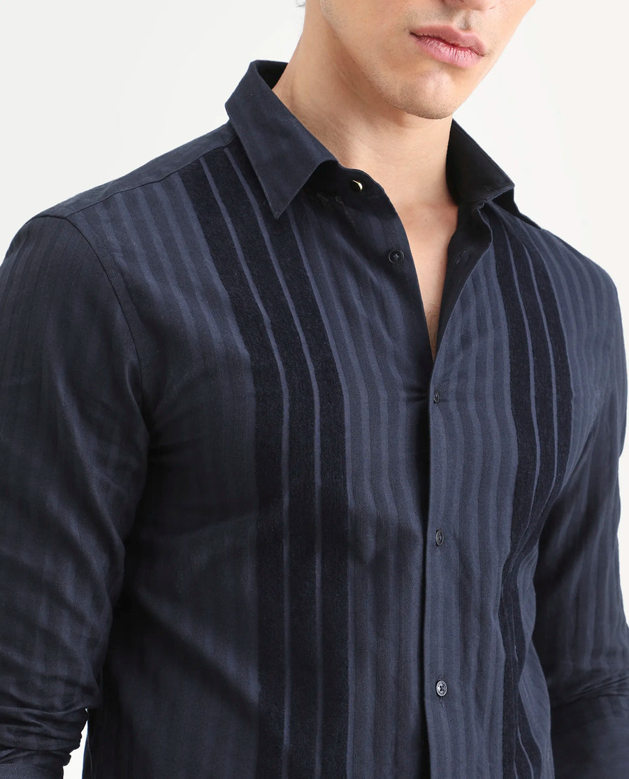 Rare Rabbit Men's Marlo-25 Navy Cotton Striped Print Regular Fit Full Sleeve Collared Shirt