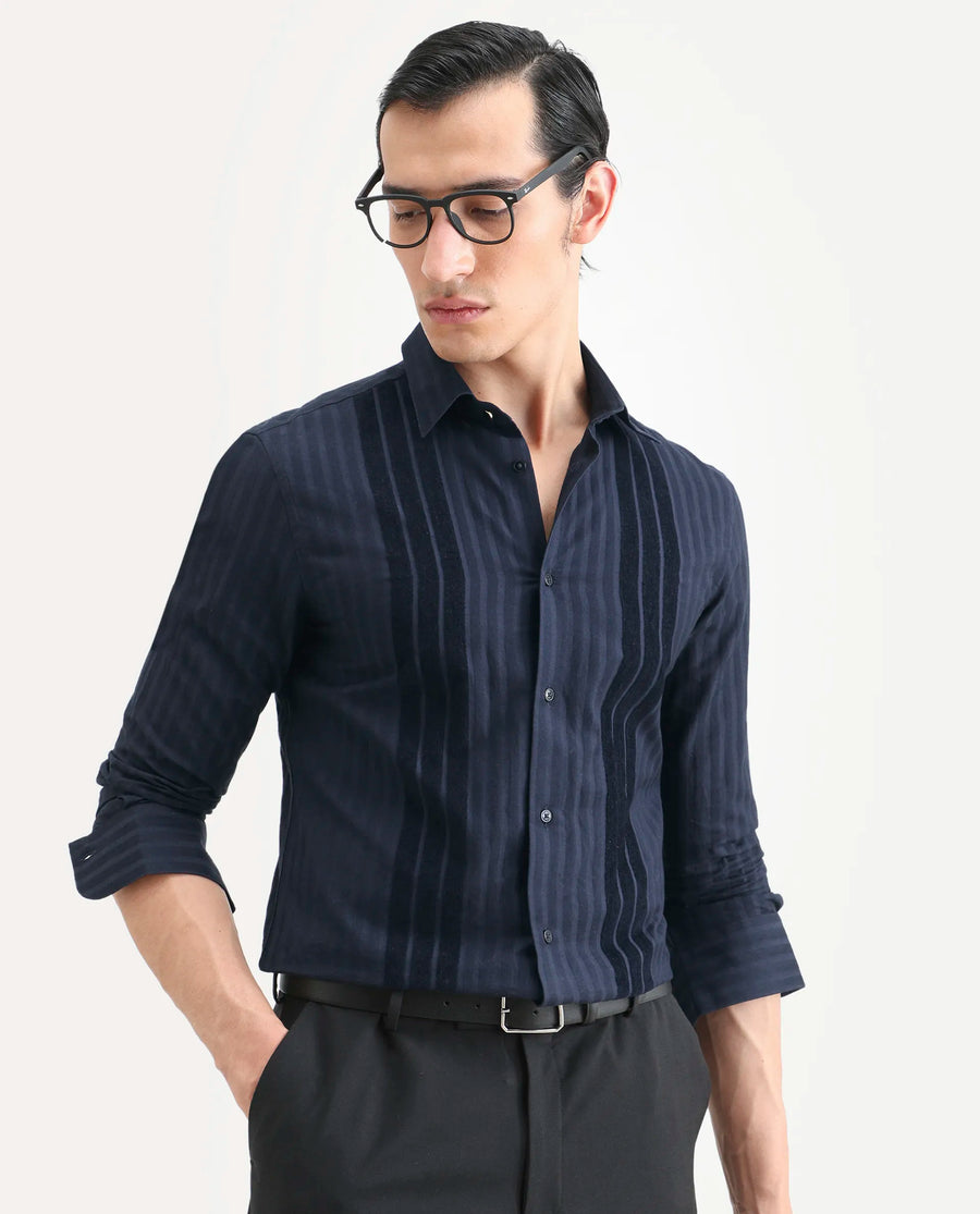 Rare Rabbit Men's Marlo-25 Navy Cotton Striped Print Regular Fit Full Sleeve Collared Shirt