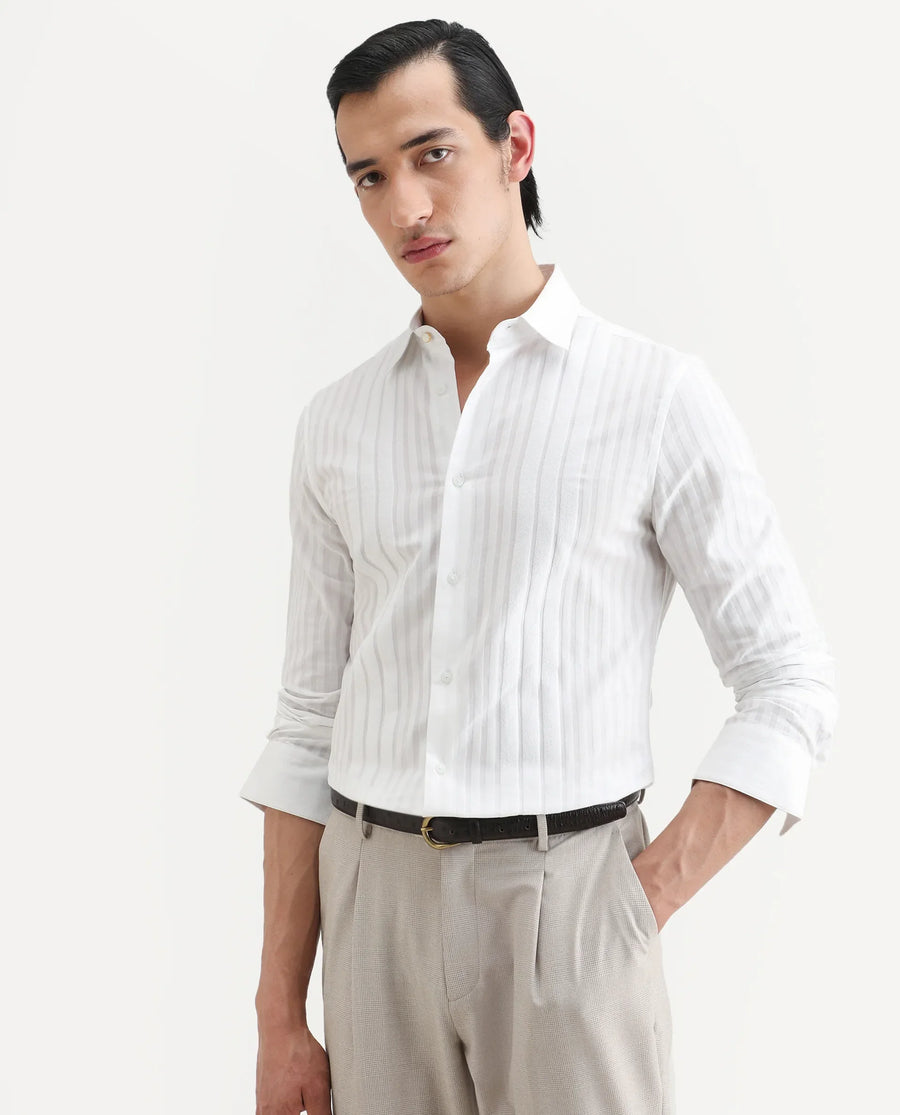 Rare Rabbit Men's Marlo-25 White Cotton Striped Print Regular Fit Full Sleeve Collared Shirt