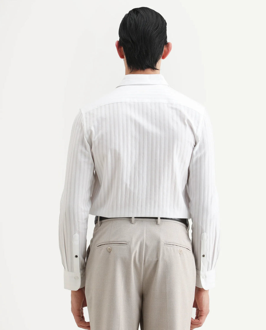 Rare Rabbit Men's Marlo-25 White Cotton Striped Print Regular Fit Full Sleeve Collared Shirt