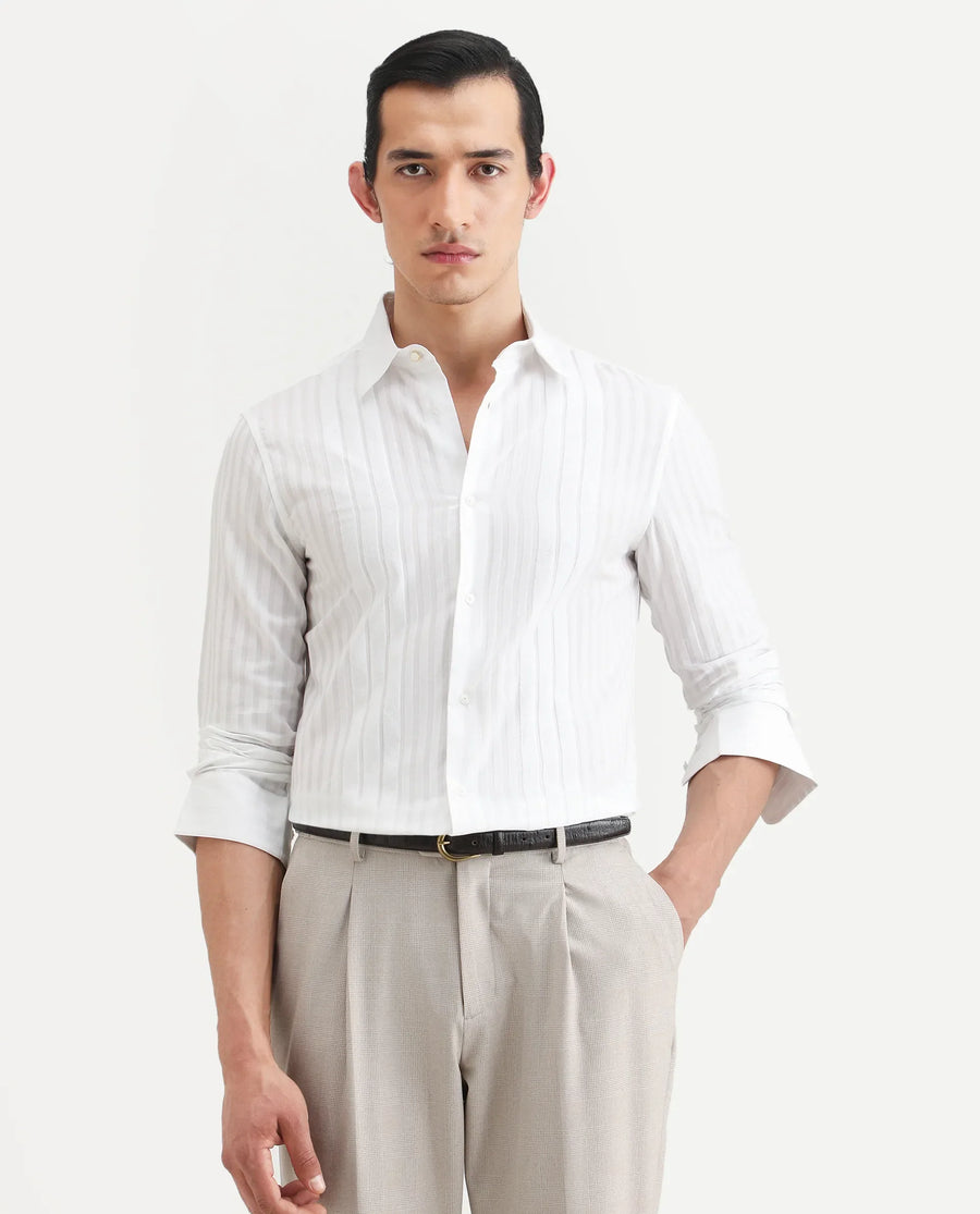 Rare Rabbit Men's Marlo-25 White Cotton Striped Print Regular Fit Full Sleeve Collared Shirt