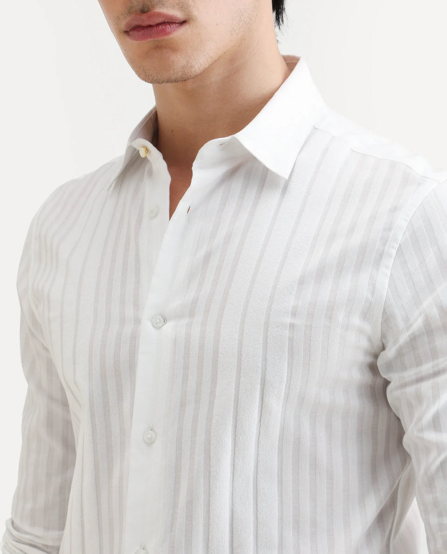 Rare Rabbit Men's Marlo-25 White Cotton Striped Print Regular Fit Full Sleeve Collared Shirt
