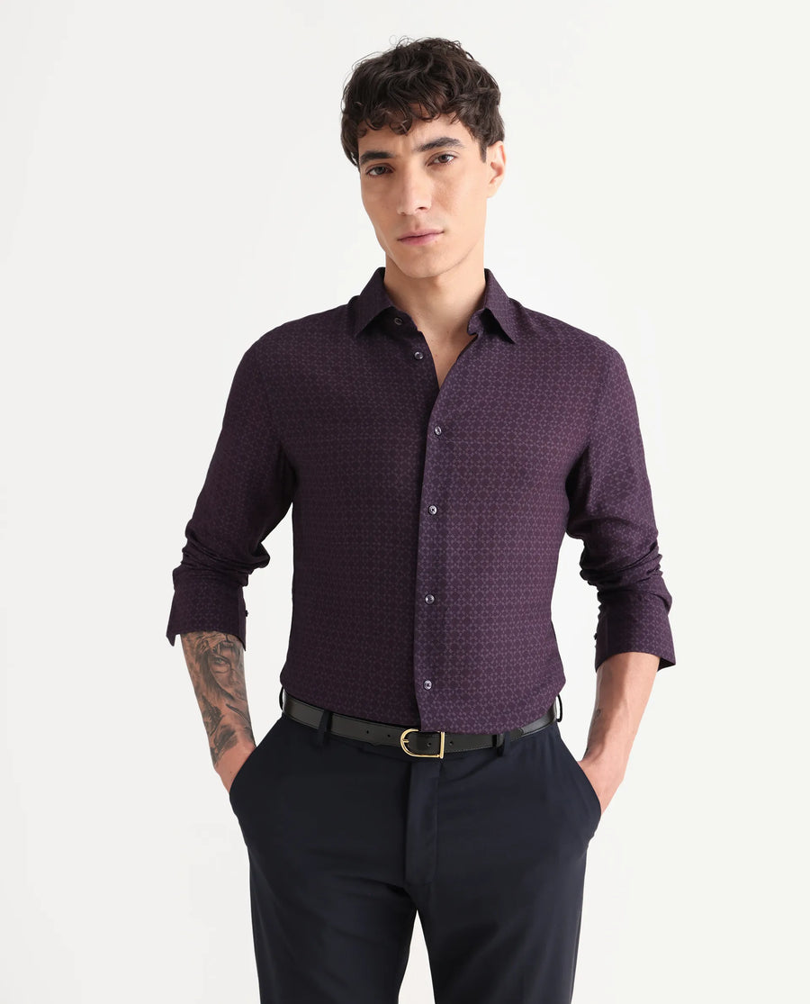 Rare Rabbit Men's Chas Dusky Purple Viscose Blend Monogram Print Regular Fit Full Sleeve Collared Shirt