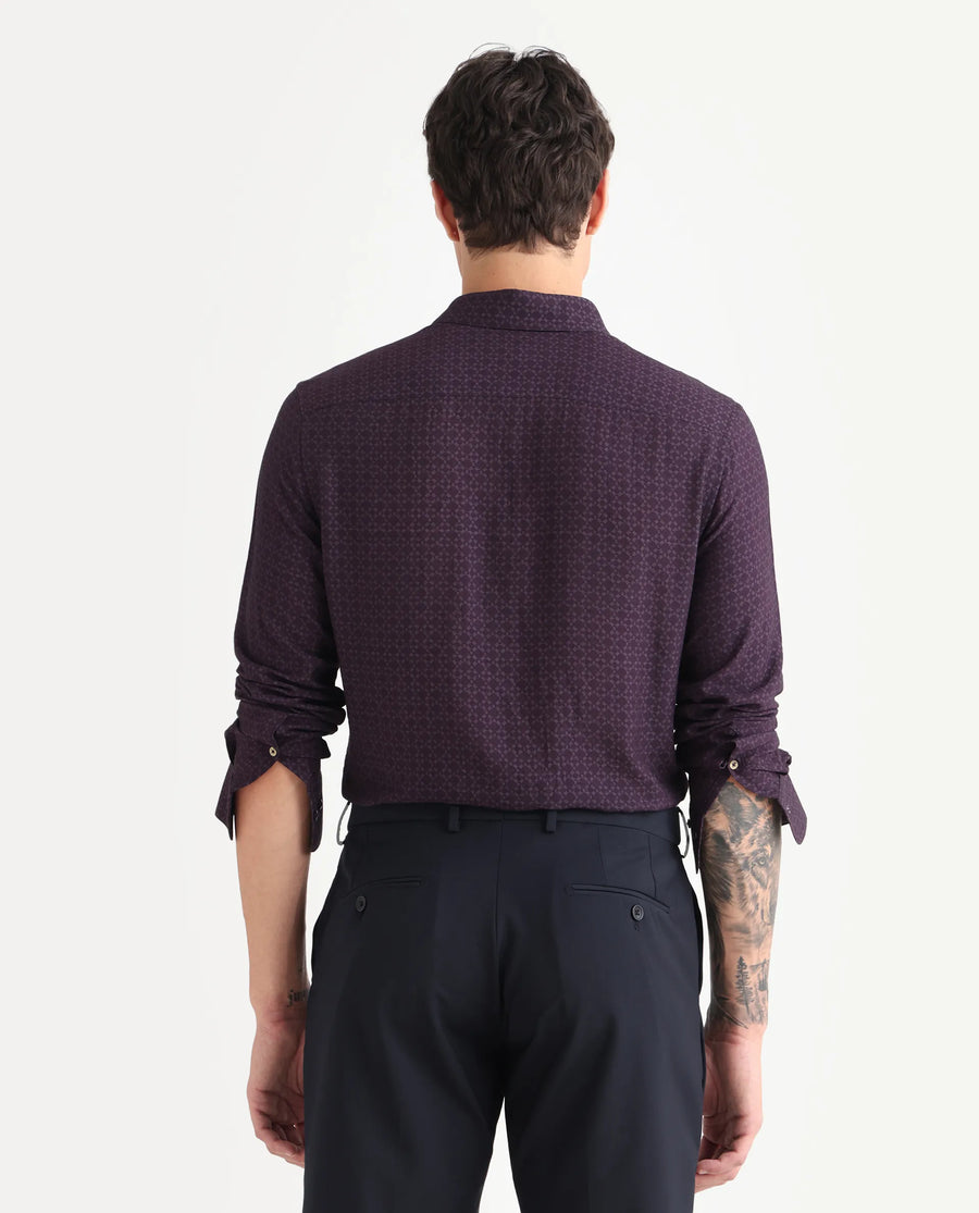 Rare Rabbit Men's Chas Dusky Purple Viscose Blend Monogram Print Regular Fit Full Sleeve Collared Shirt