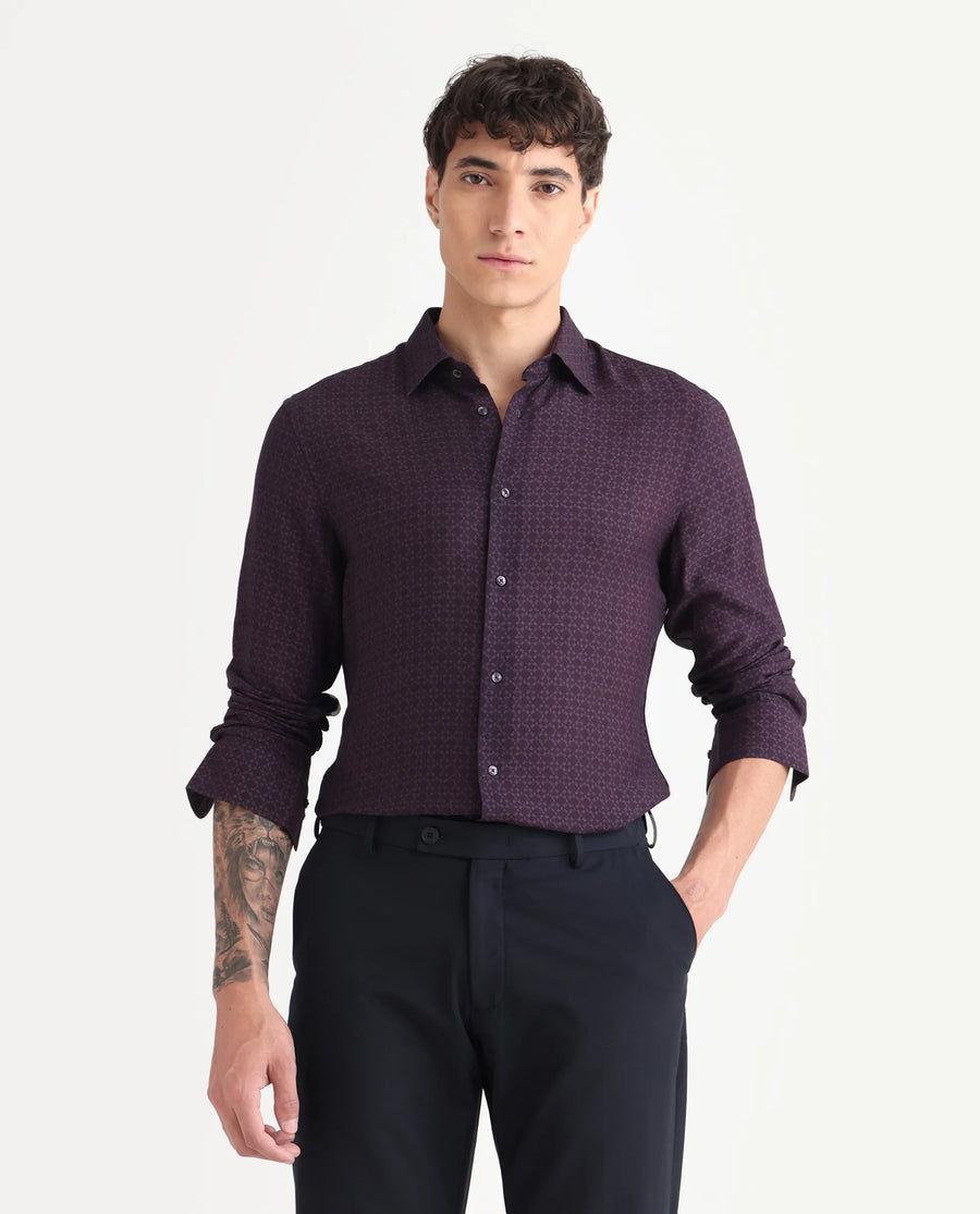 Rare Rabbit Men's Chas Dusky Purple Viscose Blend Monogram Print Regular Fit Full Sleeve Collared Shirt