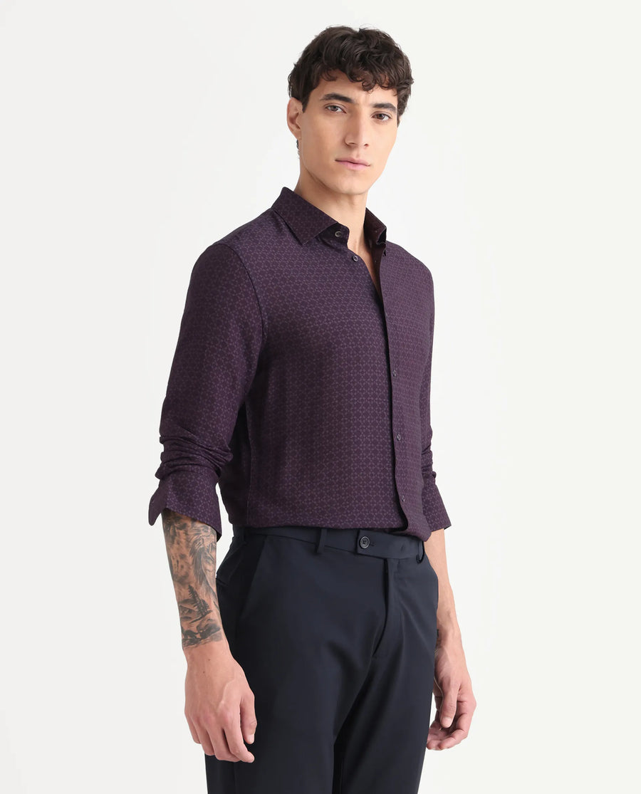 Rare Rabbit Men's Chas Dusky Purple Viscose Blend Monogram Print Regular Fit Full Sleeve Collared Shirt