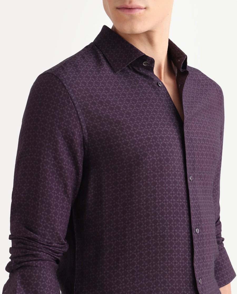 Rare Rabbit Men's Chas Dusky Purple Viscose Blend Monogram Print Regular Fit Full Sleeve Collared Shirt