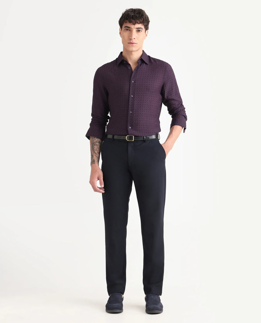 Rare Rabbit Men's Chas Dusky Purple Viscose Blend Monogram Print Regular Fit Full Sleeve Collared Shirt