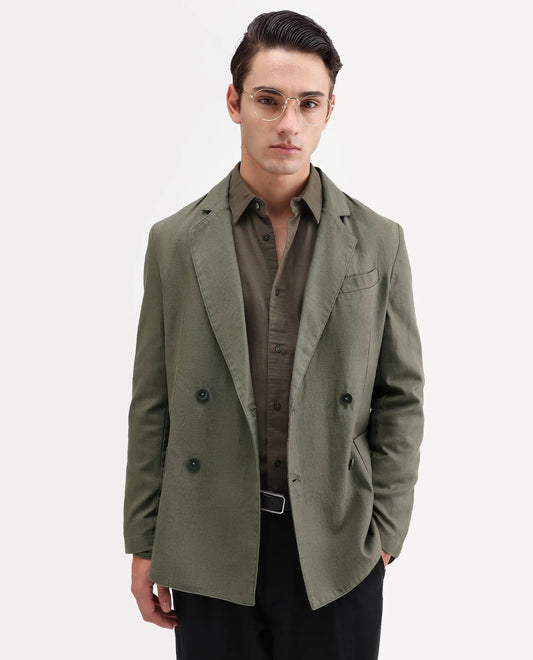 Rare Rabbit Men's Deb Dusky Olive Linen Blend Fabric Lapel Neck Tailored Fit Plain Blazer