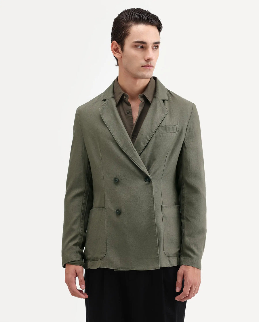 Rare Rabbit Men's Deb Dusky Olive Linen Blend Fabric Lapel Neck Tailored Fit Plain Blazer
